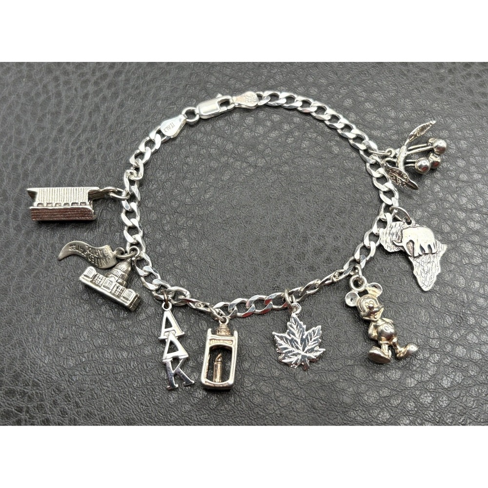 VTG Sterling Silver Curb Chain Charm Bracelet 8 Charms Capitol Disney Mickey
